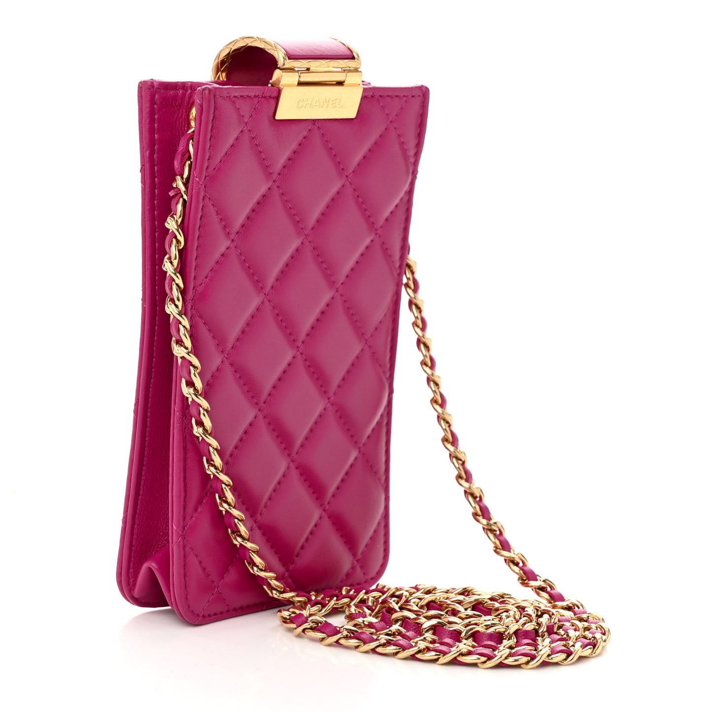Lambskin Quilted Phone Holder With Chain Fuchsia