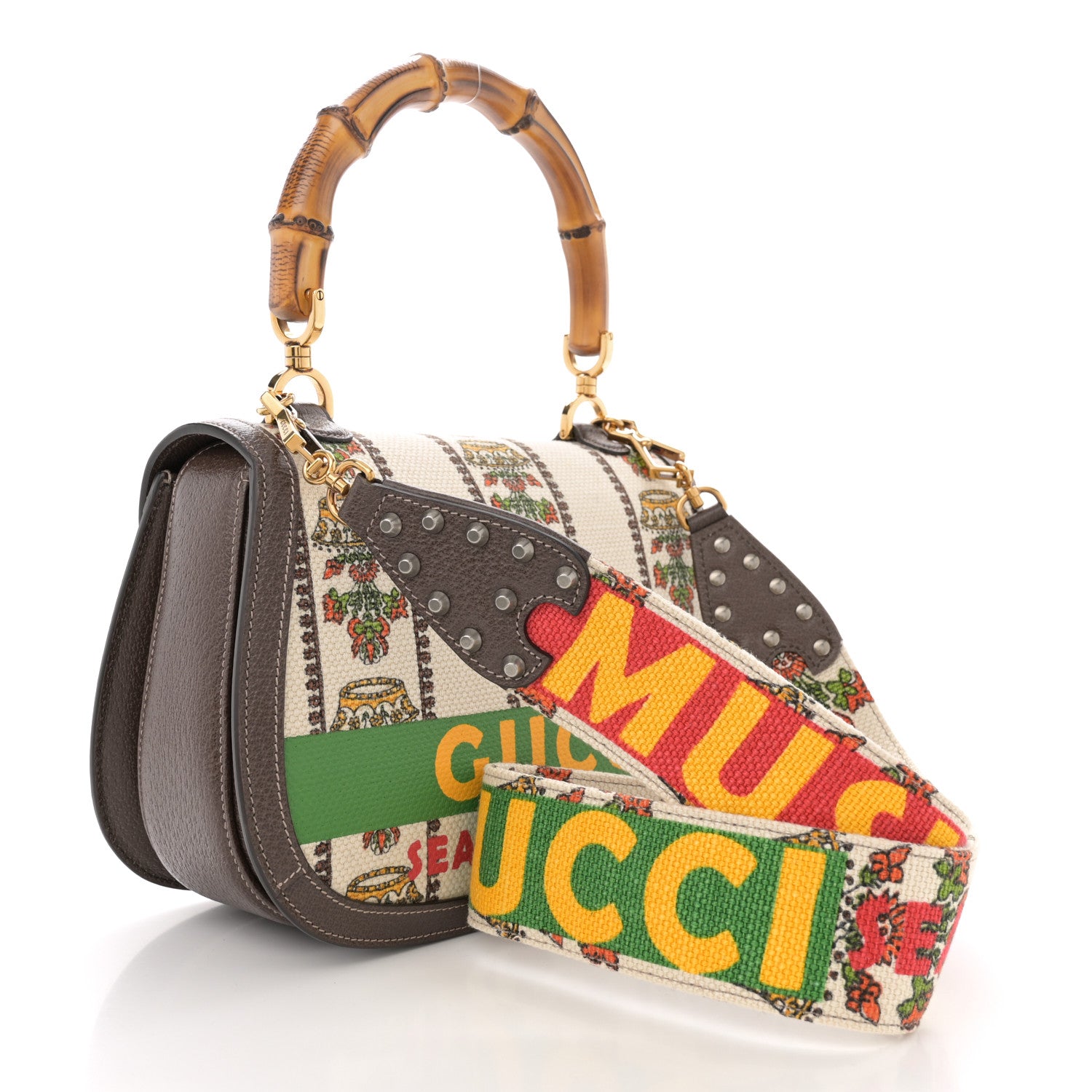 Gucci Canvas Calfskin 100 Centennial Music Medium Bamboo 1947 Top Handle Bag Multicolor 4 of 11