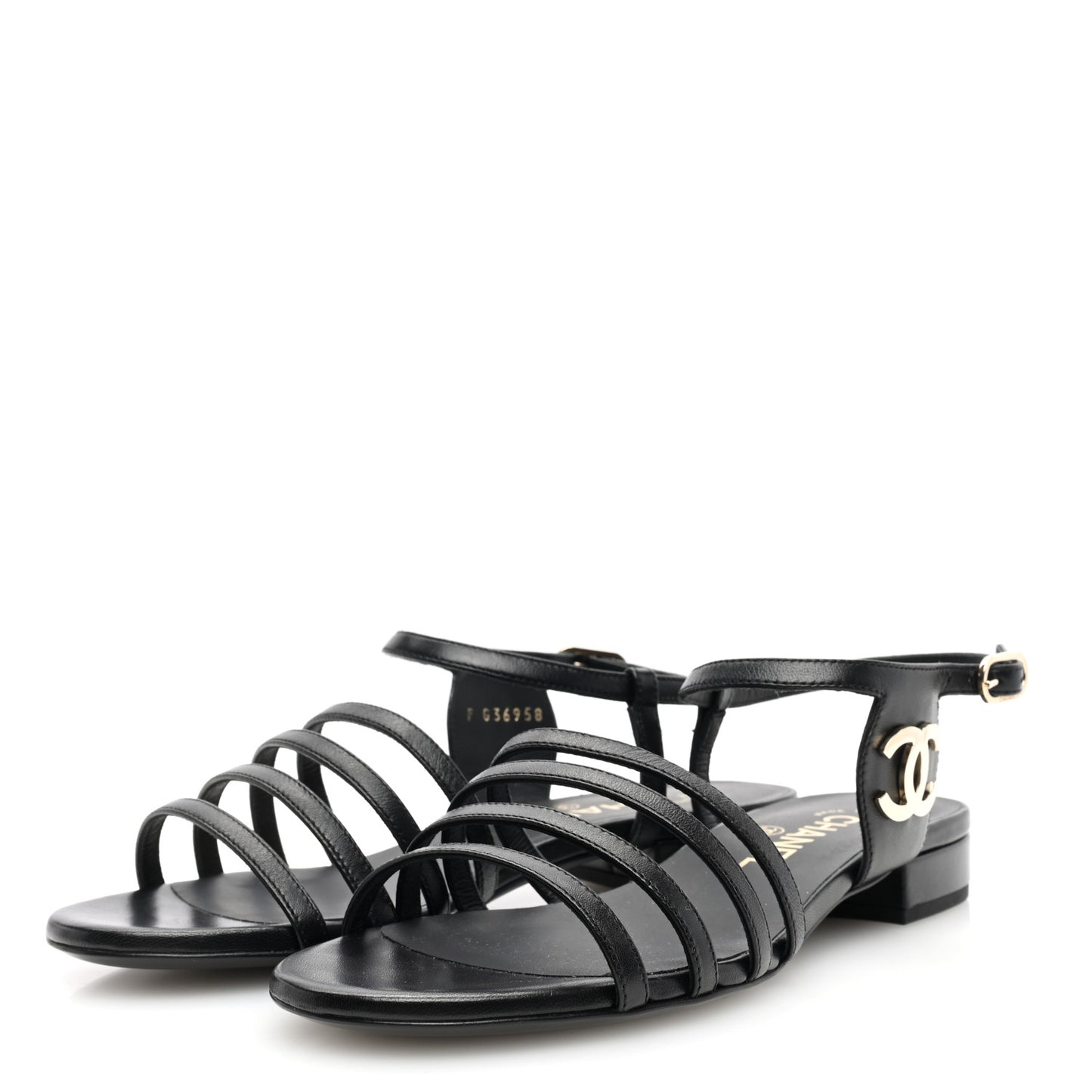 Lambskin CC Flat Sandals 36 Black