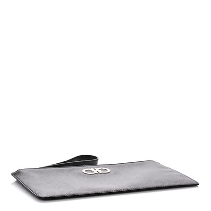 Salvatore Ferragamo Printed Calfskin Gancio Wristlet Clutch Black 4 of 7