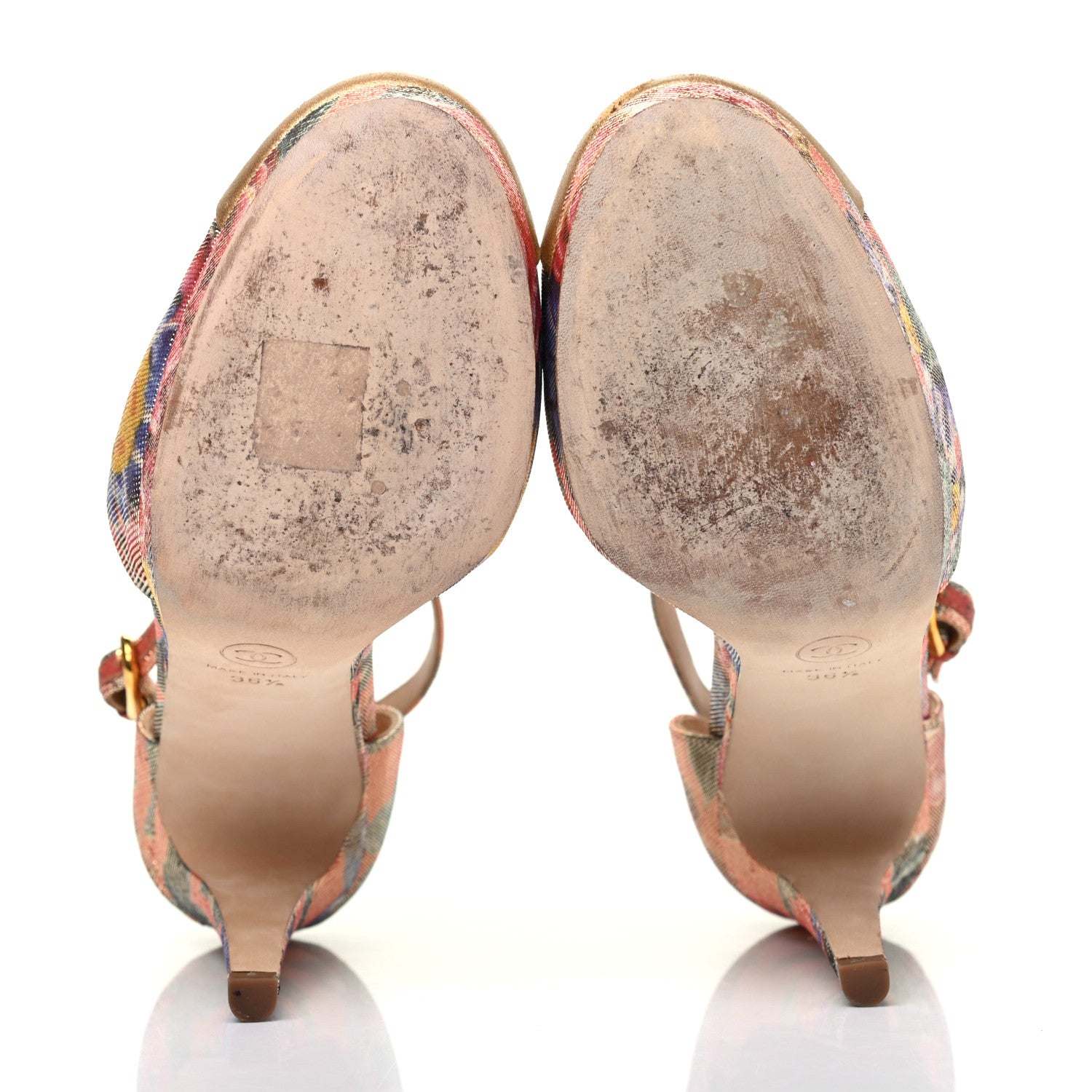 Chanel Crepe Calfskin Floral Printed Metallic Calfskin Cap Toe CC Ankle Strap Pumps 36.5 Coral Gold 5 of 13
