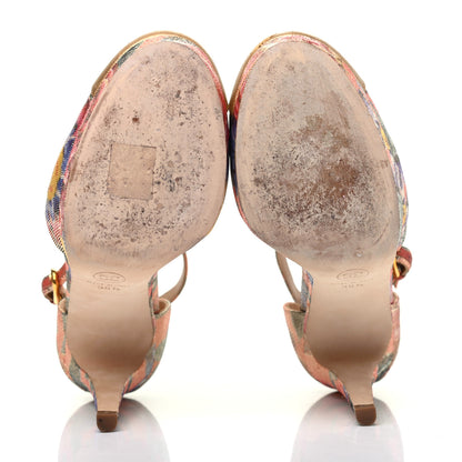 Chanel Crepe Calfskin Floral Printed Metallic Calfskin Cap Toe CC Ankle Strap Pumps 36.5 Coral Gold 5 of 13