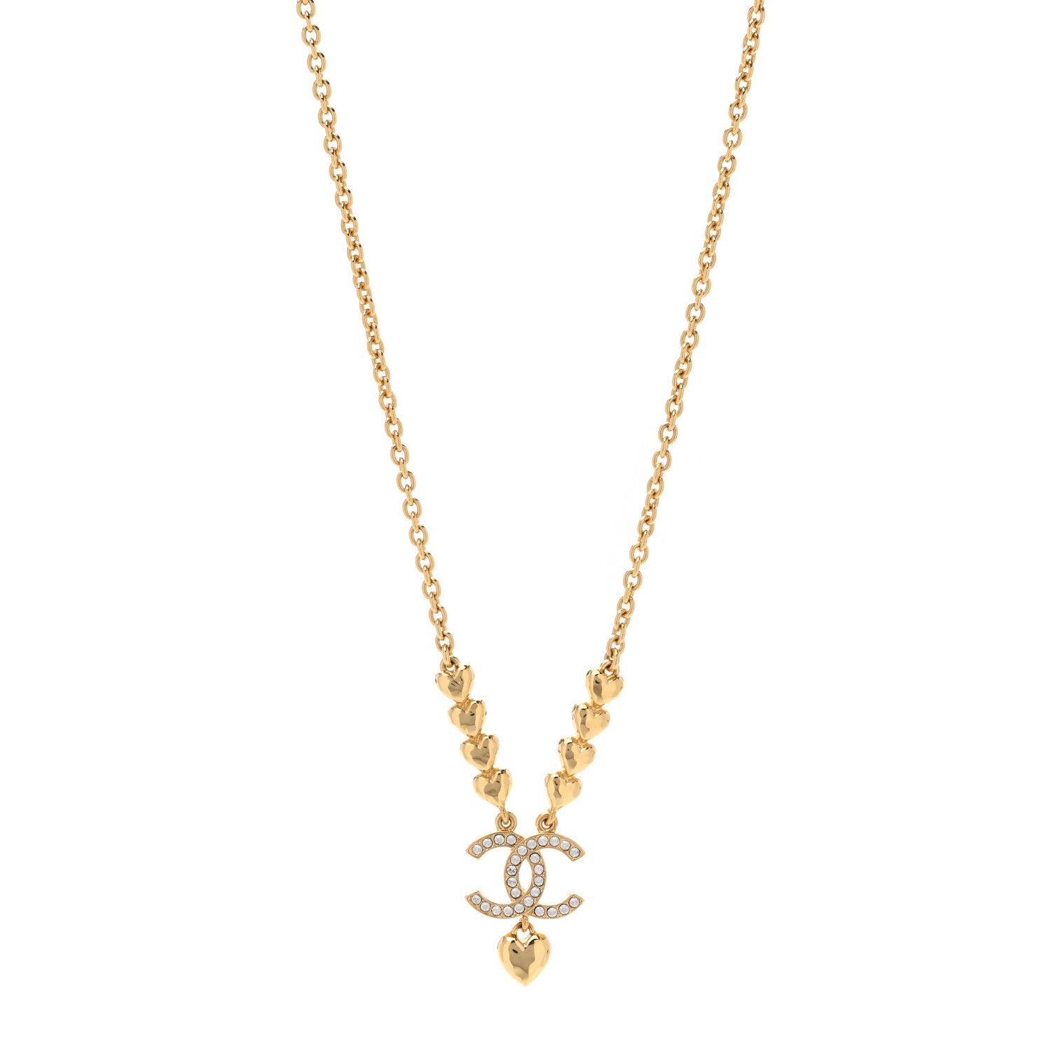 Chanel Crystal CC Heart Link Pendant Necklace Gold 1 of 4