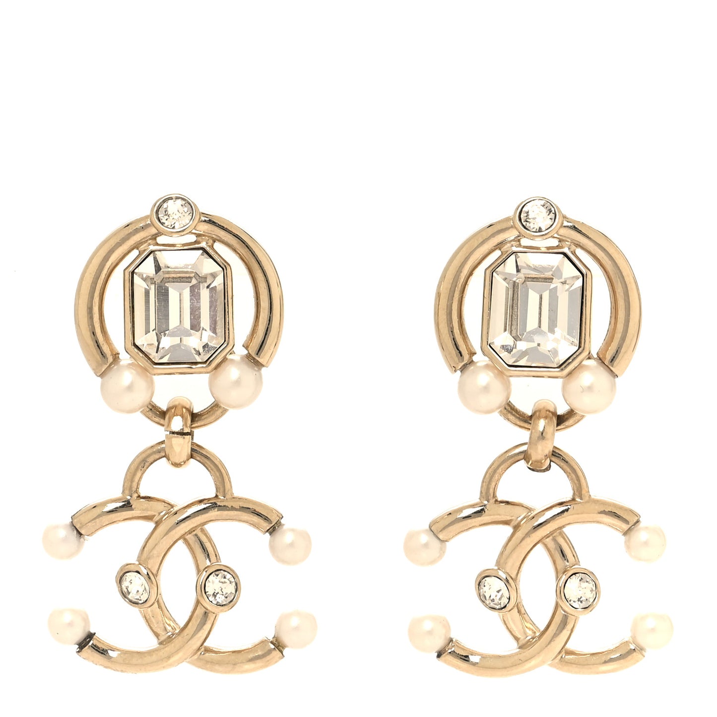 Metal Crystal Pearl CC Drop Earrings Gold