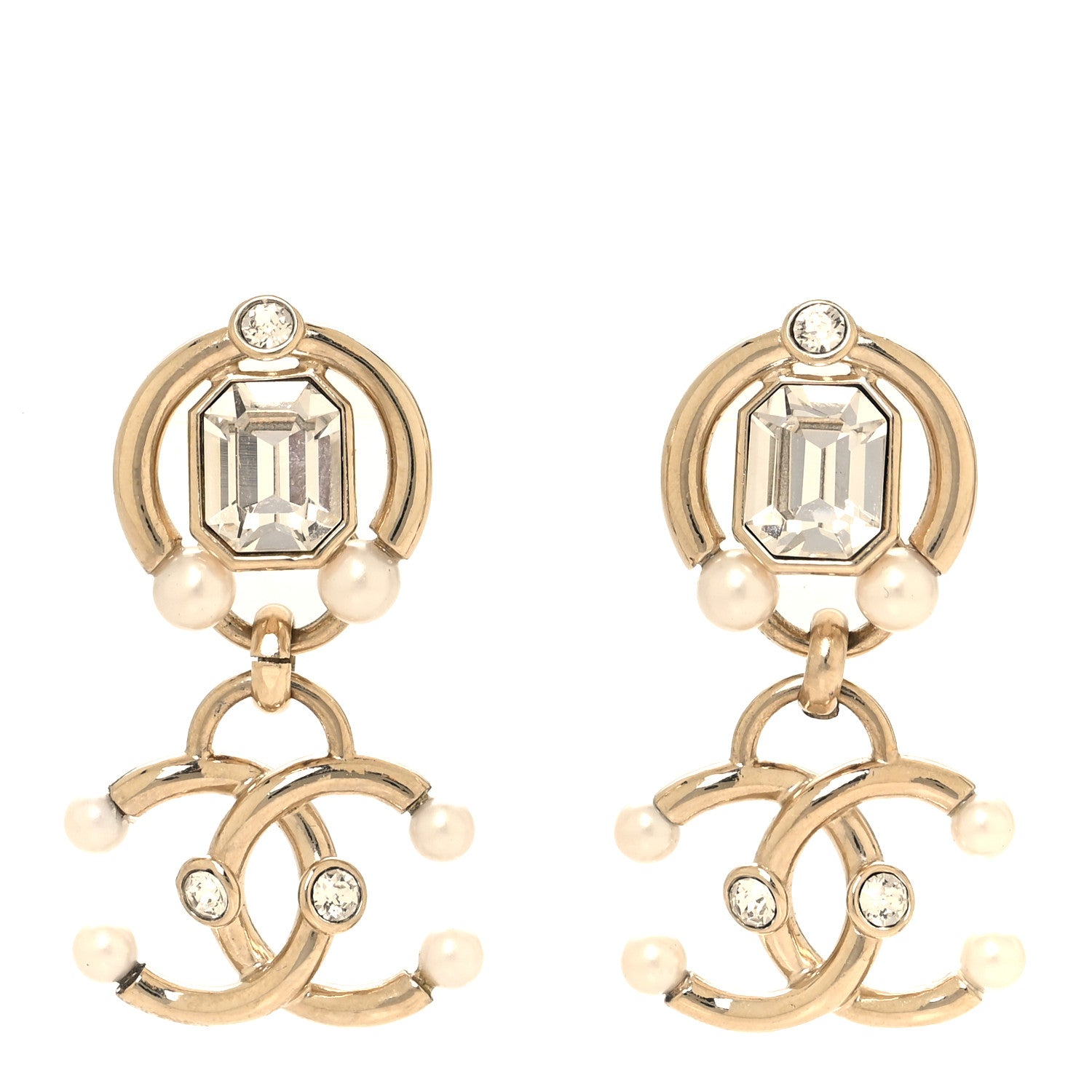 Chanel Metal Crystal Pearl CC Drop Earrings Gold 1 of 4