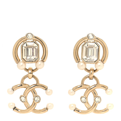 Chanel Metal Crystal Pearl CC Drop Earrings Gold 1 of 4