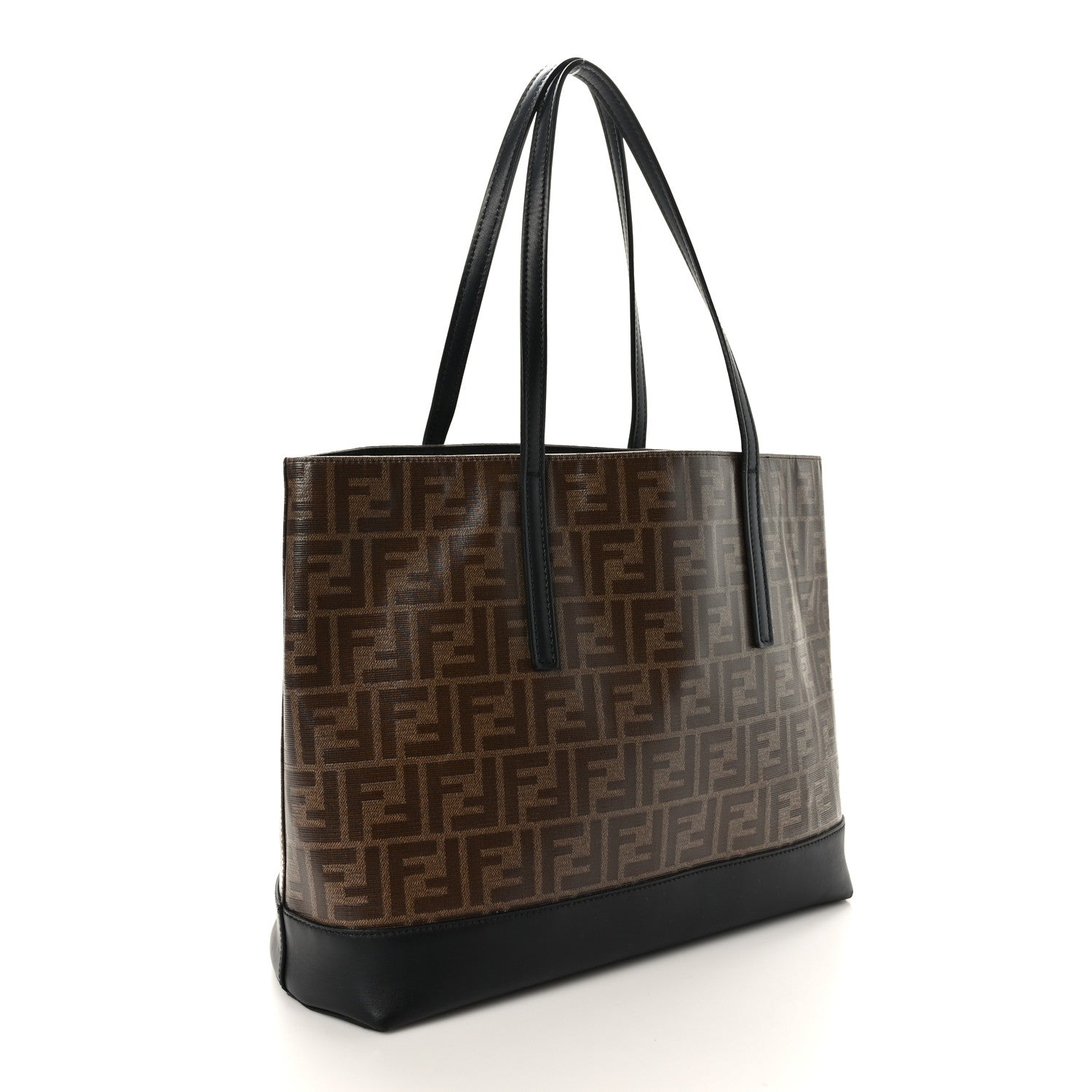 Fendi Glazed Fabric Vitello Century FF 1974 Stamp Patch Shopping Tote Mogano Panna Black 3 of 9