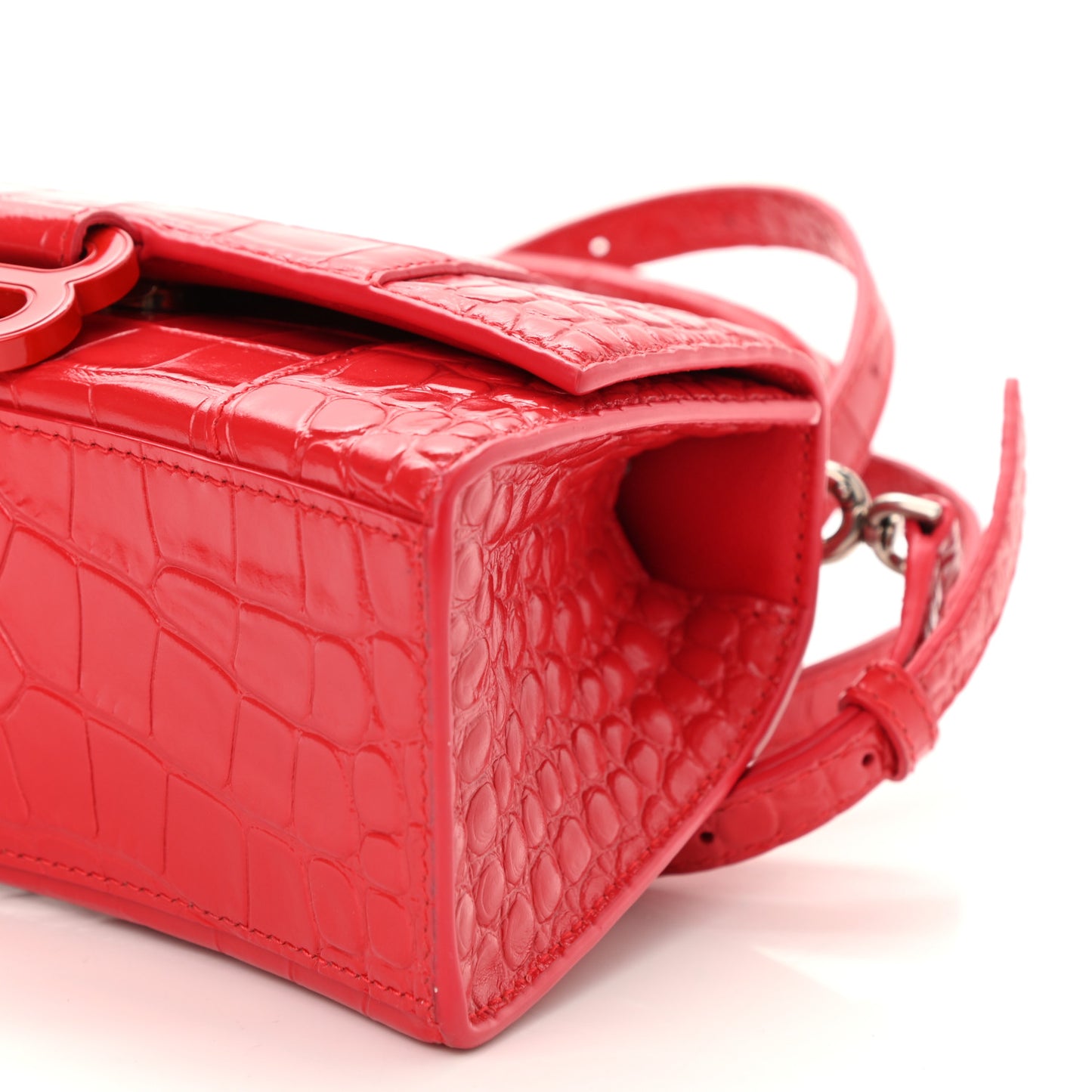 Shiny Calfskin Tonal B Crocodile Embossed Hourglass Top Handle Bag XS Bright Red