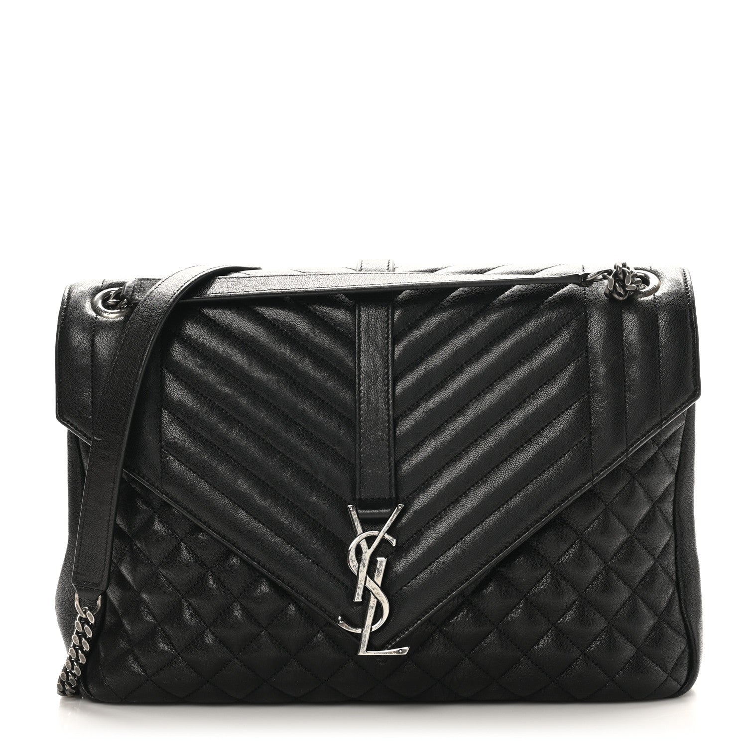 Saint Laurent Calfskin Mixed Matelasse Triquilt Large Monogram Satchel Black 1 of 10