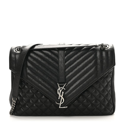 Saint Laurent Calfskin Mixed Matelasse Triquilt Large Monogram Satchel Black 1 of 10
