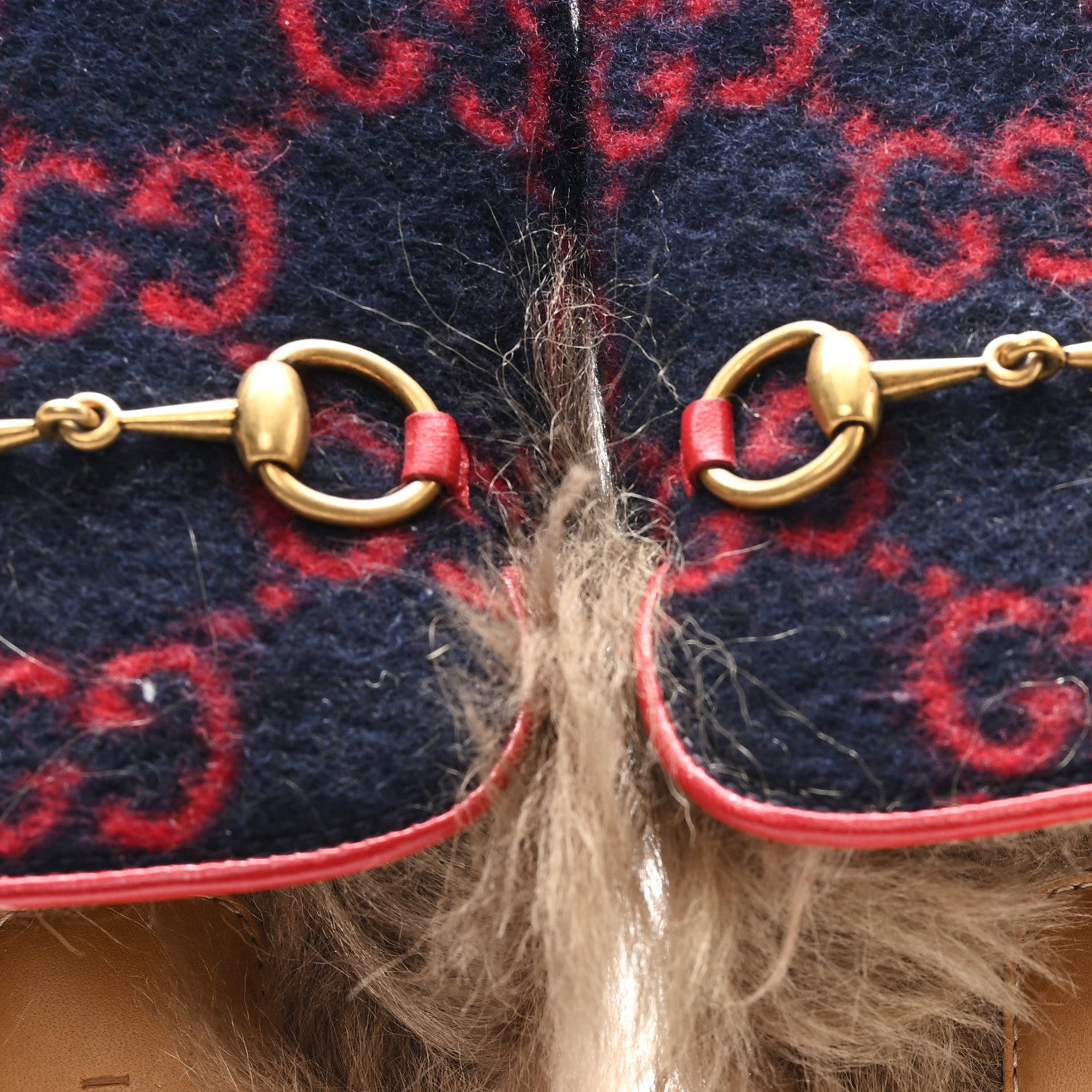 Gucci Covered Wool Big GG Monogram Fur Womens Princetown Slippers 36 Blue Red Butterscotch 8 of 8