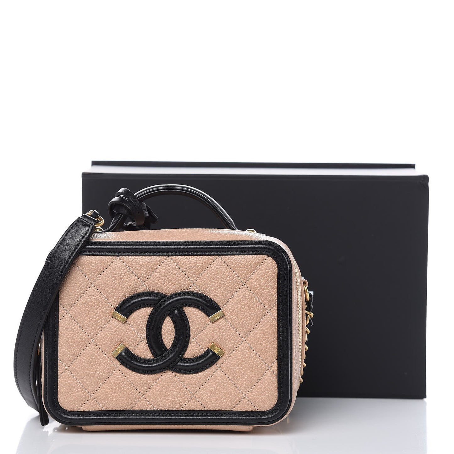 Caviar Quilted Small CC Filigree Vanity Case Beige Black