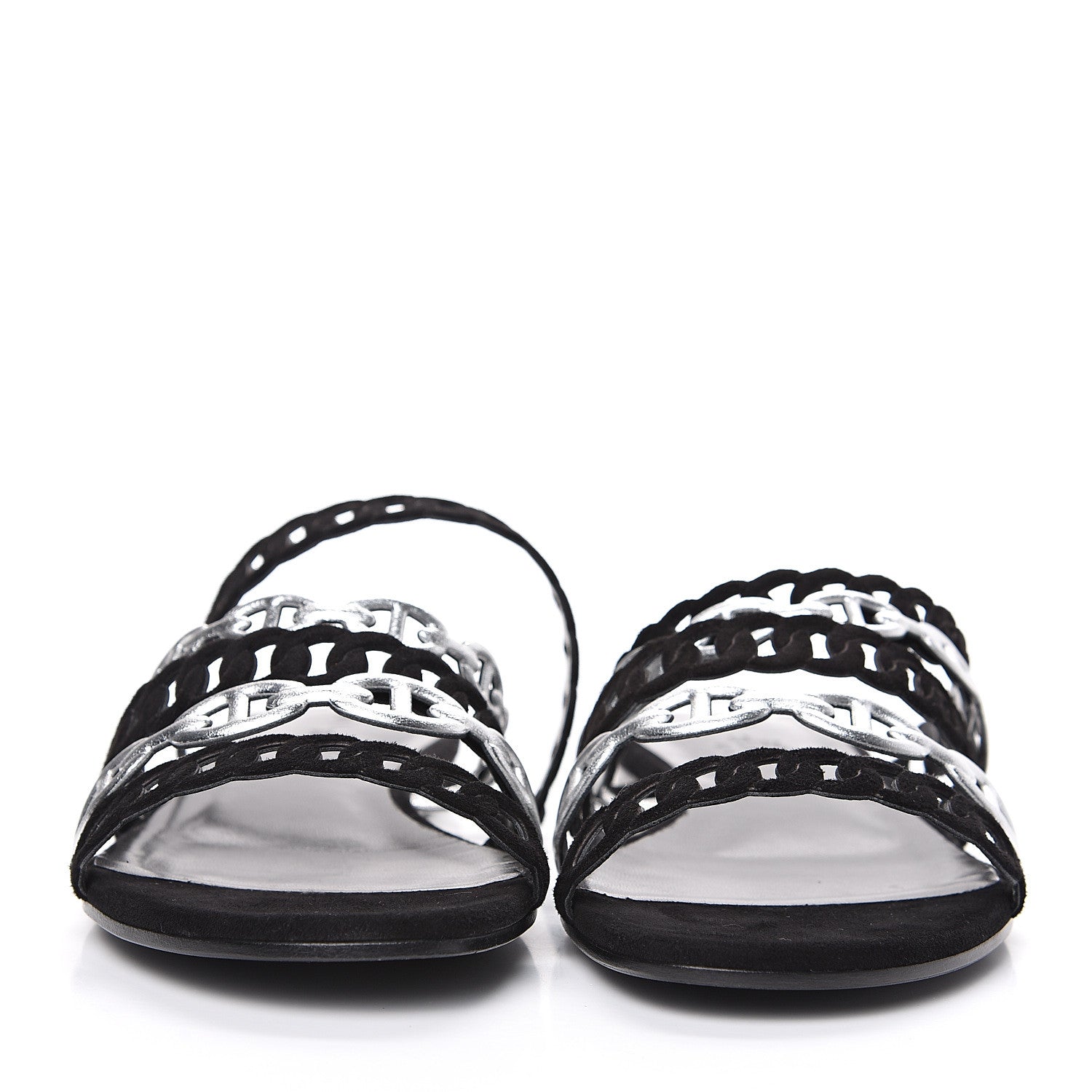 Hermes Metallic Nappa Suede Goatskin Nude Sandals 36 Argent Black 2 of 9