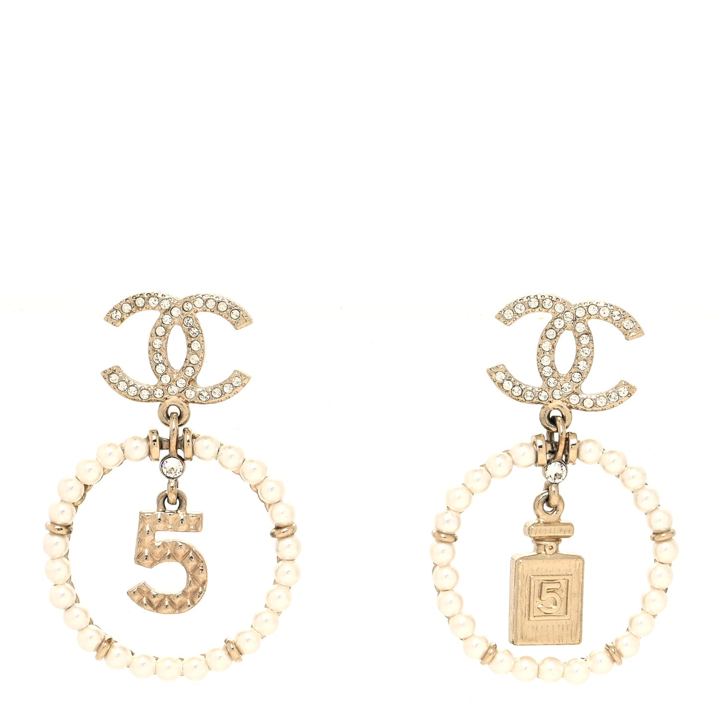 Crystal Pearl Chanel Charms CC Drop Earrings Gold