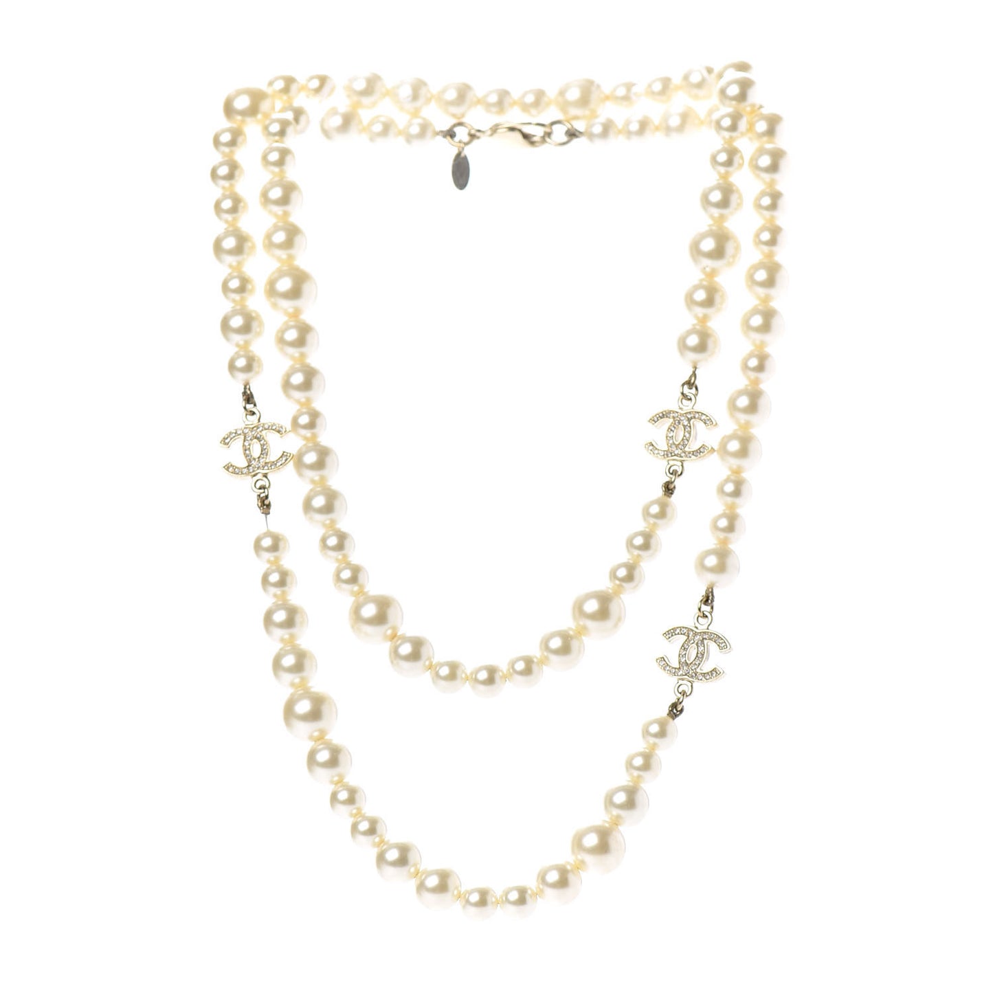 Graduated Pearl Crystal CC Long Necklace Light Gold
