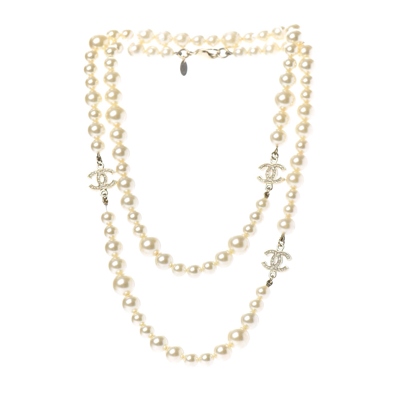 Chanel Graduated Pearl Crystal CC Long Necklace Light Gold 3 of 5