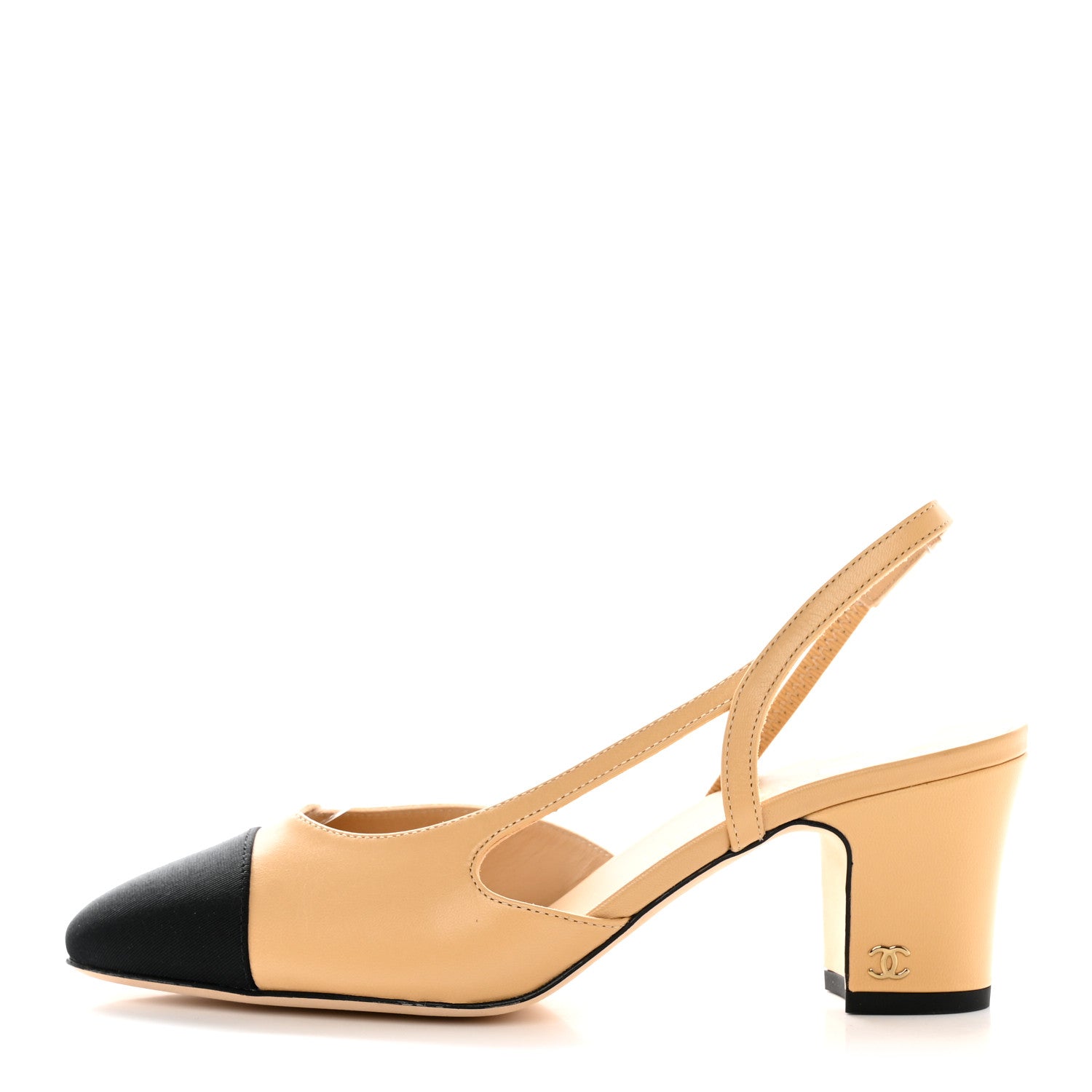Chanel Goatskin Grosgrain Cap Toe CC Slingback Pumps 37 Beige Black 1 of 12