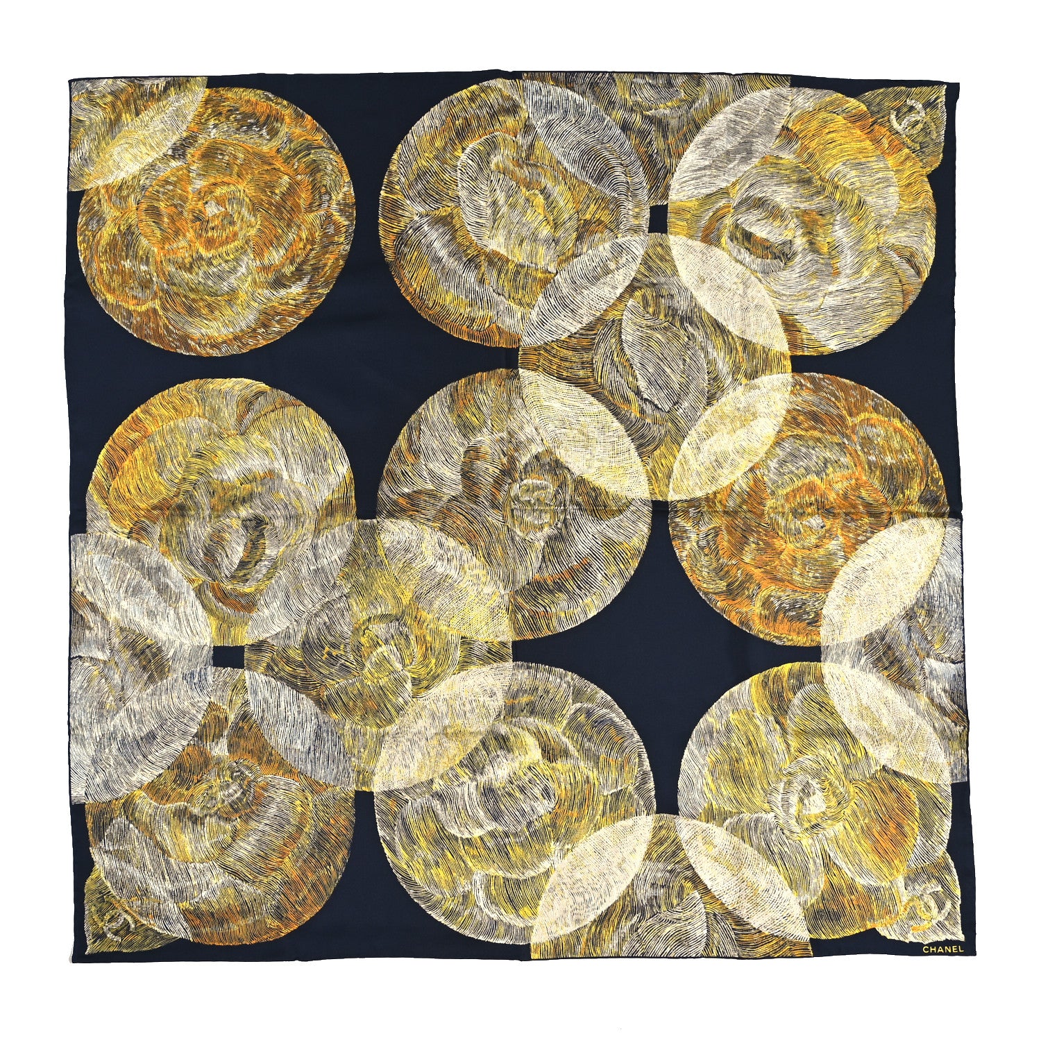 Chanel Silk Camellia Moons Scarf Navy Yellow 1 of 3