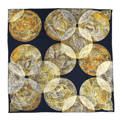 Chanel Silk Camellia Moons Scarf Navy Yellow 1 of 3