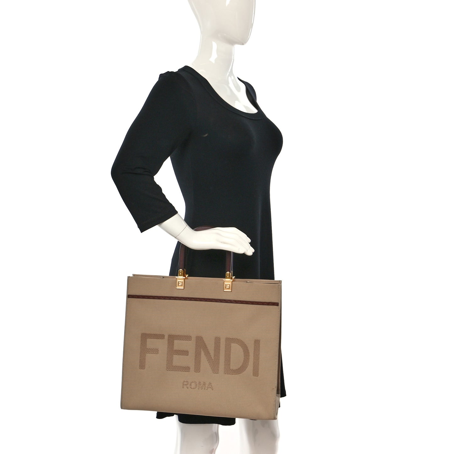 Canvas Vitello King Logo Embroidered Medium Fendi Sunshine Shopper Tote Sand Ghianda