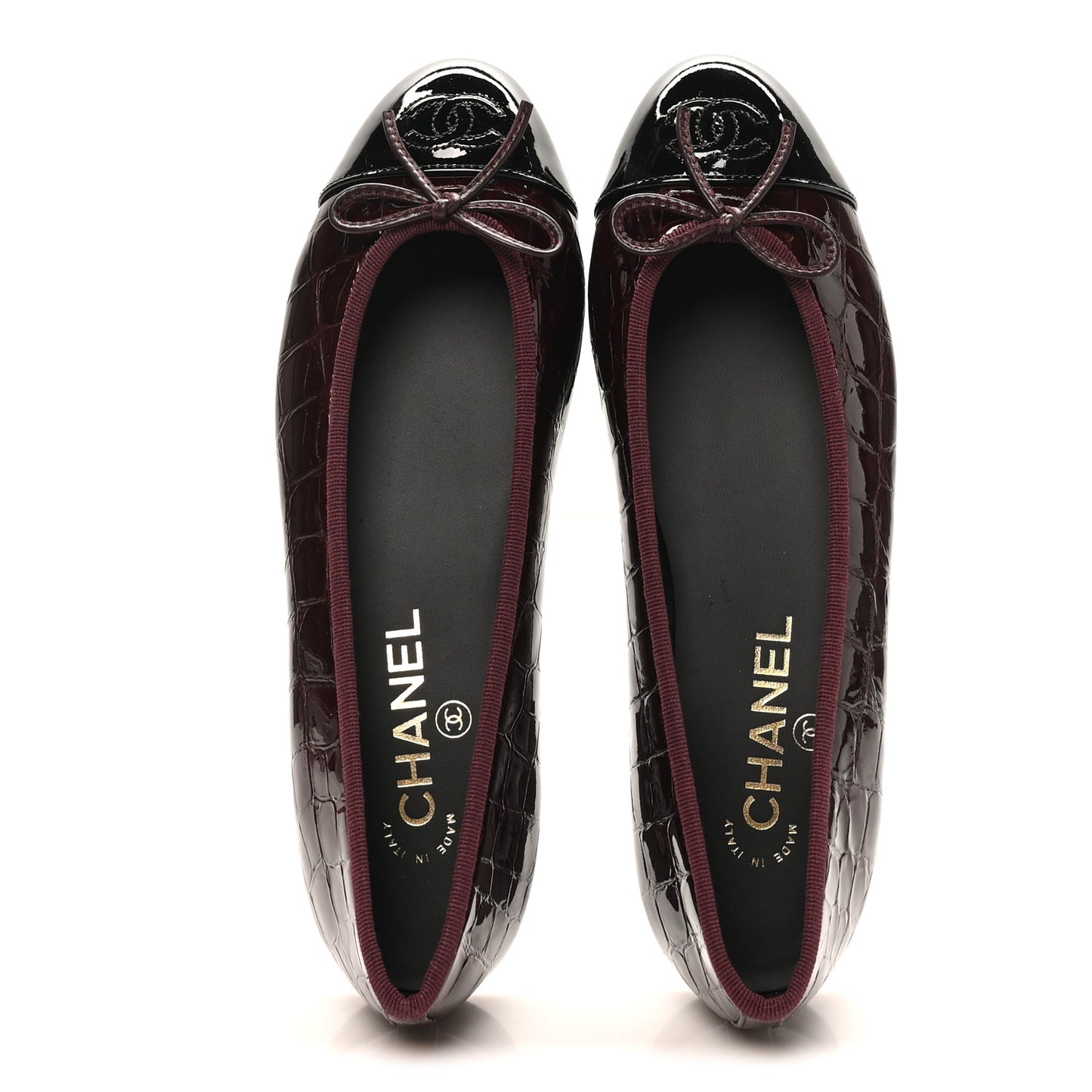 Patent Calfskin Crocodile Embossed Ballerina Flats  38 Dark Burgundy Black