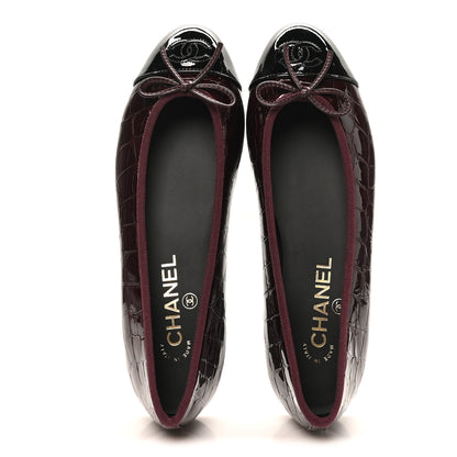 Chanel Patent Calfskin Crocodile Embossed Ballerina Flats  38 Dark Burgundy Black 2 of 10