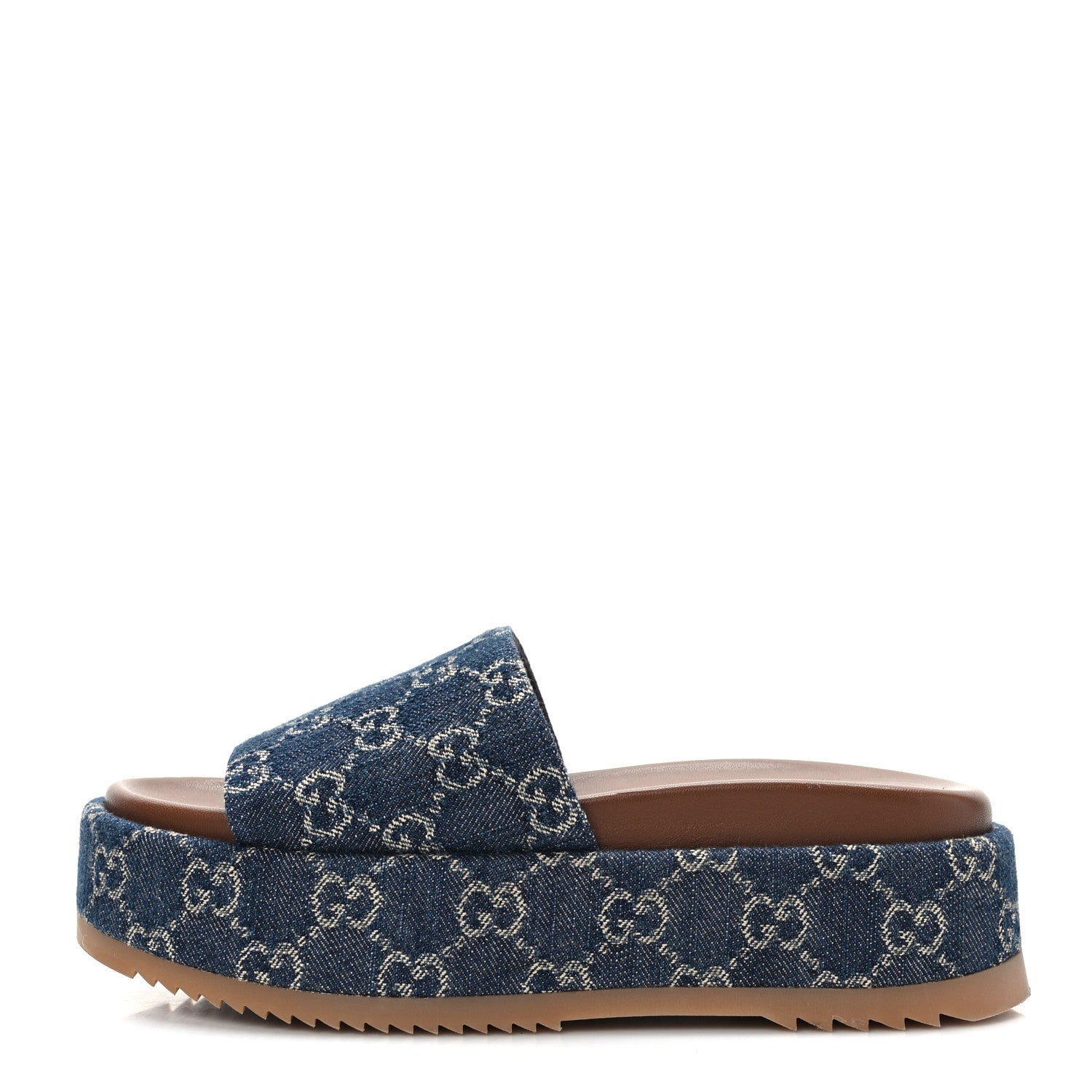 Gucci New Denim GG Monogram Angelina Platform 55mm Slide Sandals 37.5 Blue Tea 1 of 8