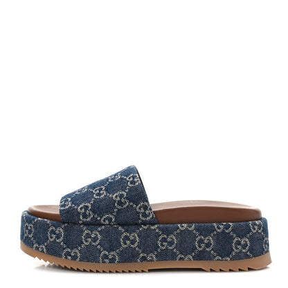 Gucci New Denim GG Monogram Angelina Platform 55mm Slide Sandals 37.5 Blue Tea 1 of 8