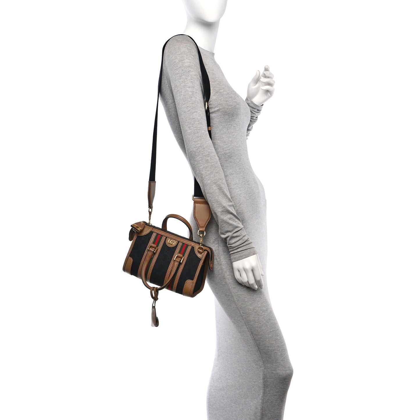 Monogram Textured Dollar Calfskin Web Mini Bauletto Duffle Top Handle Bag Black Koi Beige