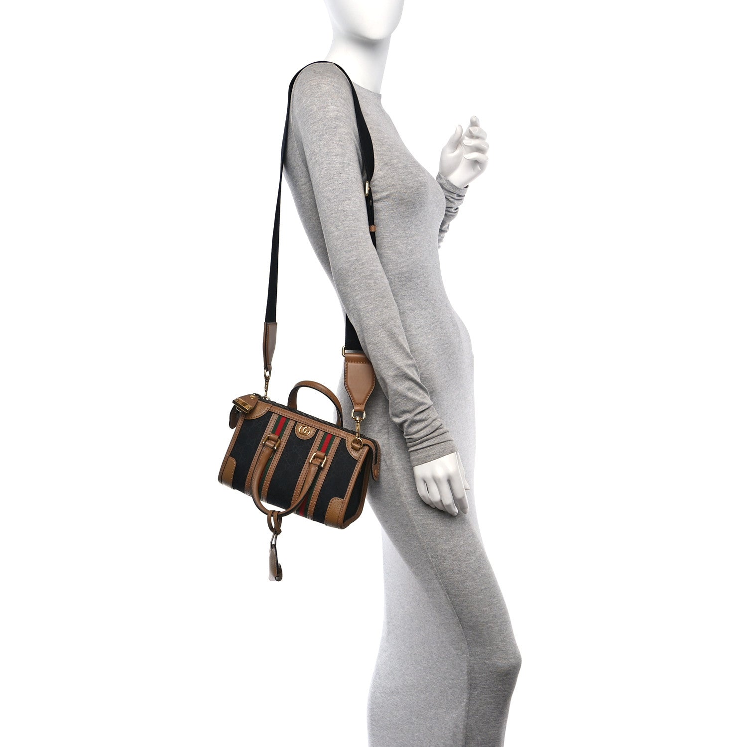 Gucci Monogram Textured Dollar Calfskin Web Mini Bauletto Duffle Top Handle Bag Black Koi Beige 2 of 11