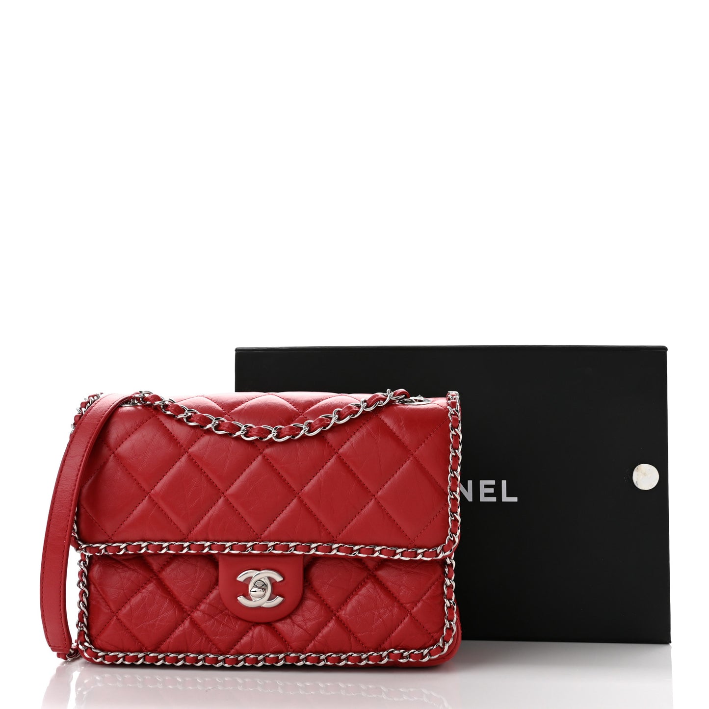 Crumpled Calfskin Medium Chain All Over Flap Red