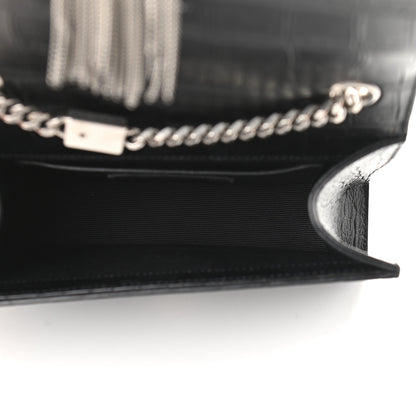 Saint Laurent Calfskin Crocodile Embossed Small Classic Monogram Kate Tassel Satchel Black 5 of 8