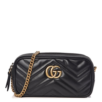 Gucci Calfskin Matelasse Mini GG Marmont Chain Crossbody Bag Black 1 of 15