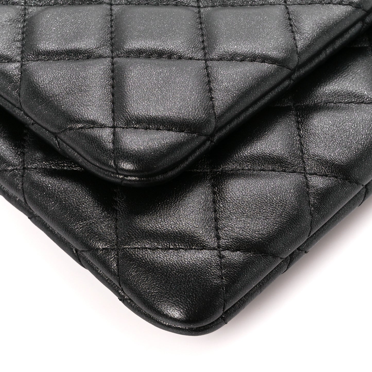 Shiny Lambskin Quilted Medium Double Case With Strap Black