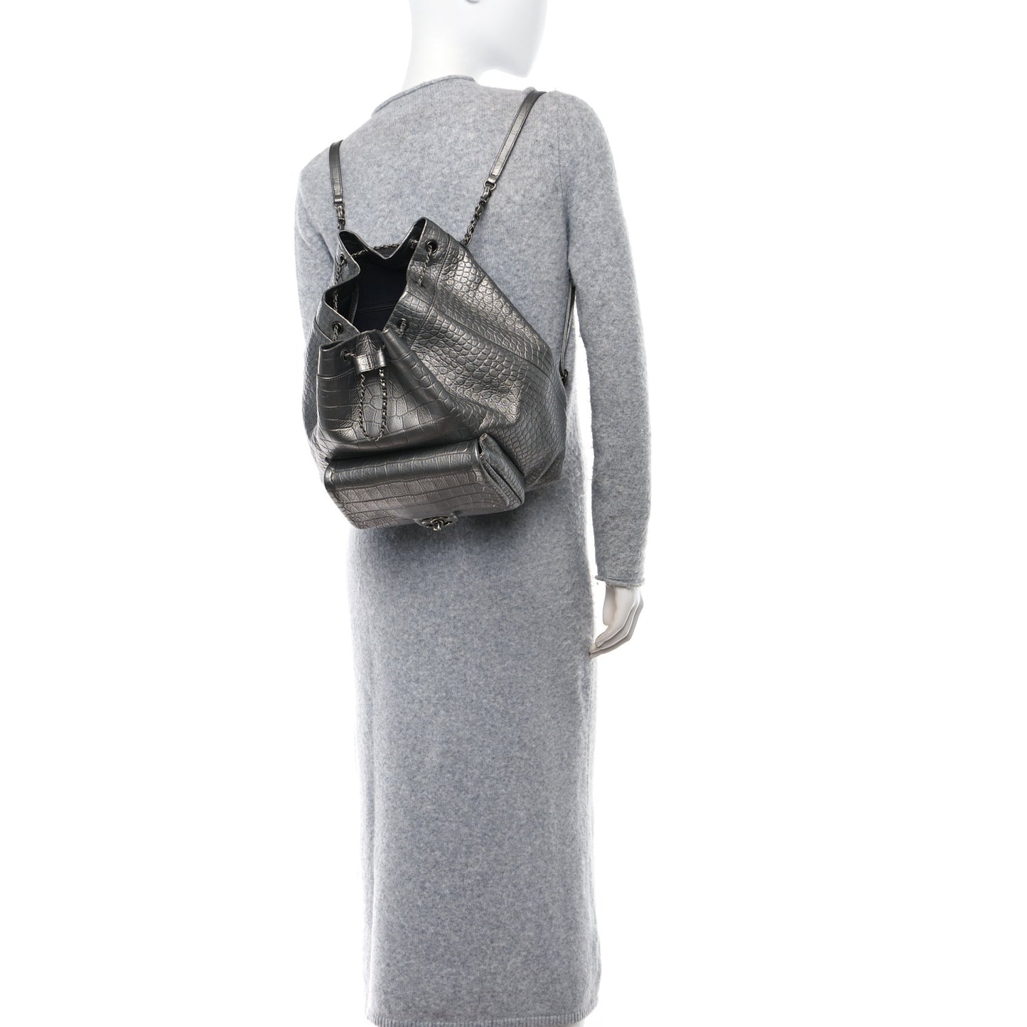 Metallic Calfskin Crocodile Embossed Large Backpack Silver