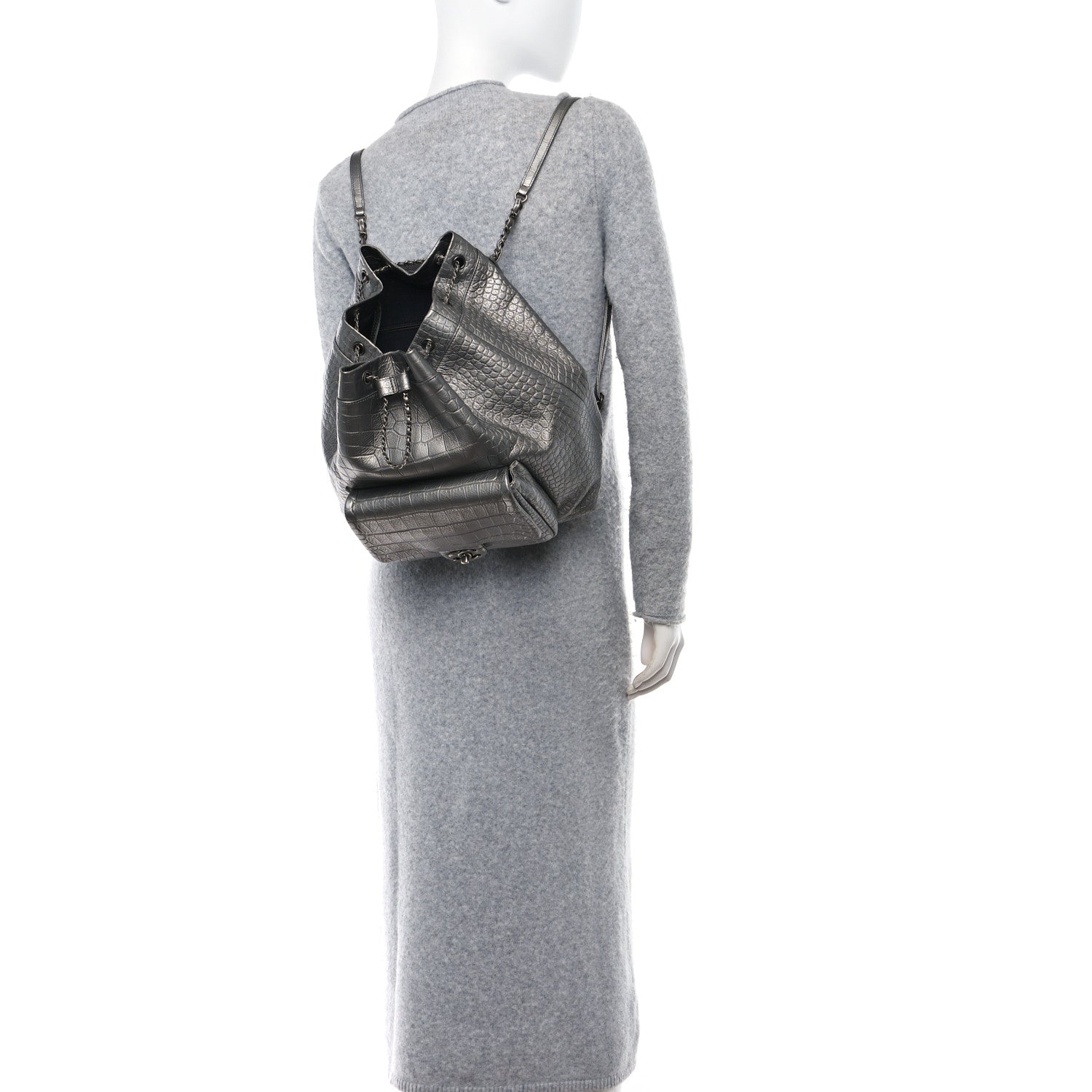 Chanel Metallic Calfskin Crocodile Embossed Large Backpack Silver 3 of 9