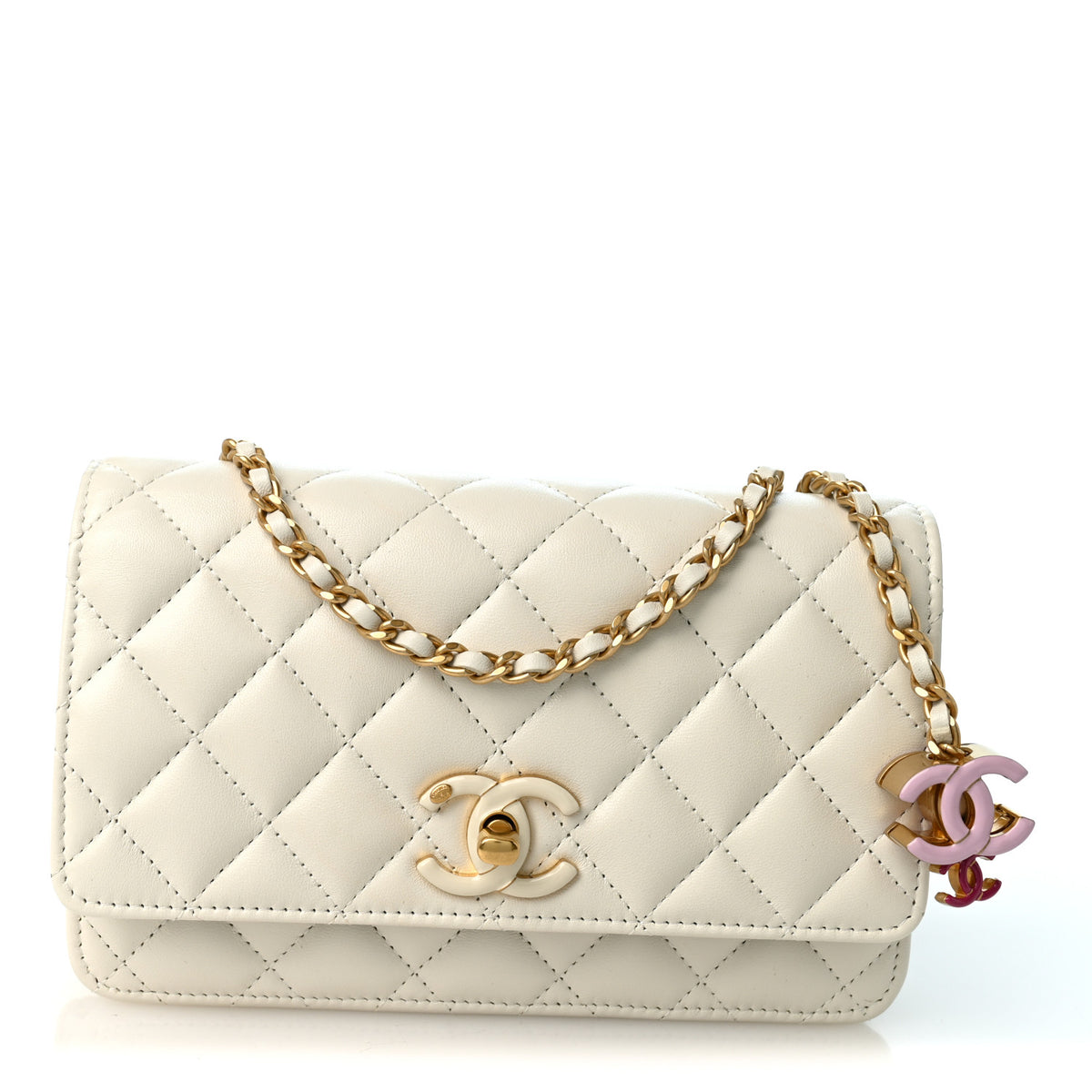 Chanel Lambskin Enamel Quilted CC Slide Wallet On Chain WOC White 1 of 11