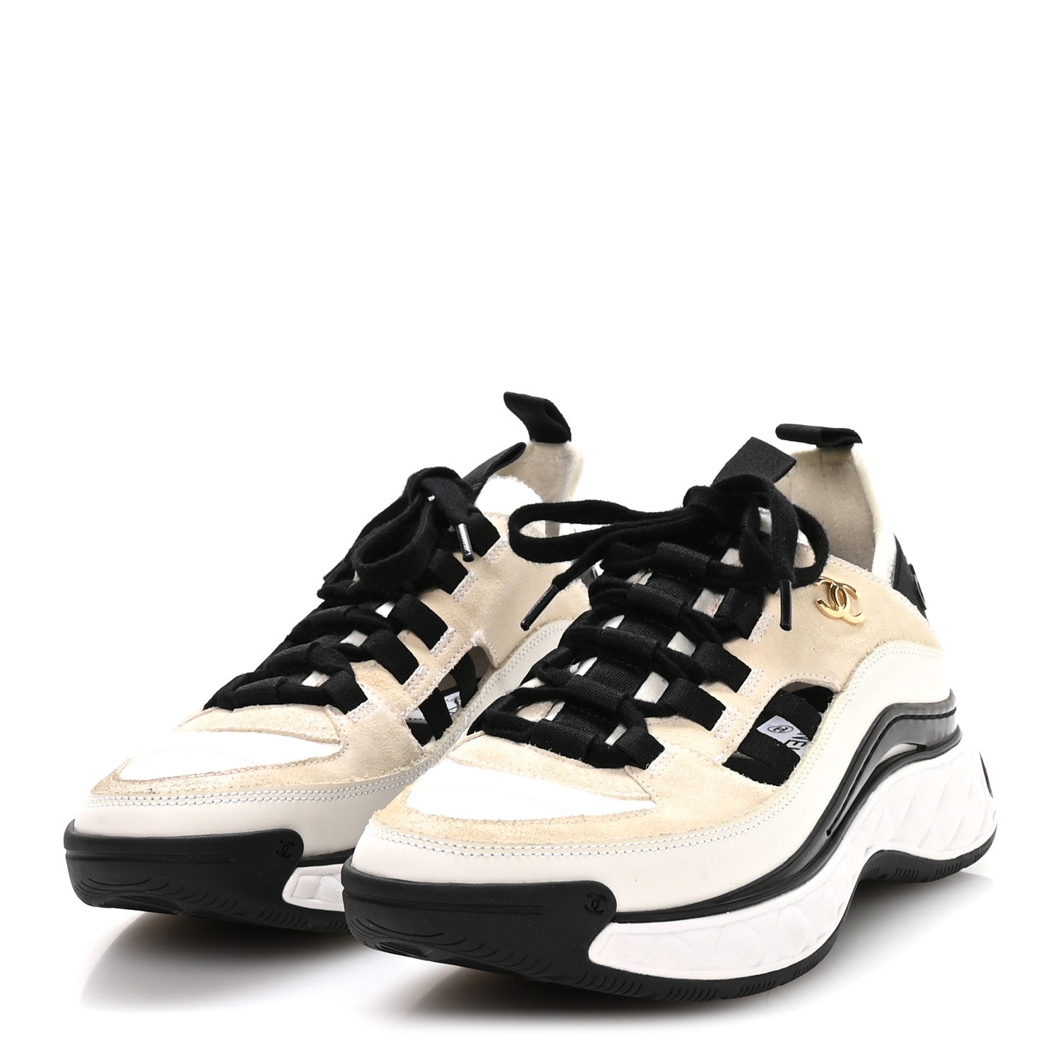 Chanel Fabric Calfskin Suede CC Sneakers 36 Ivory Black 4 of 7