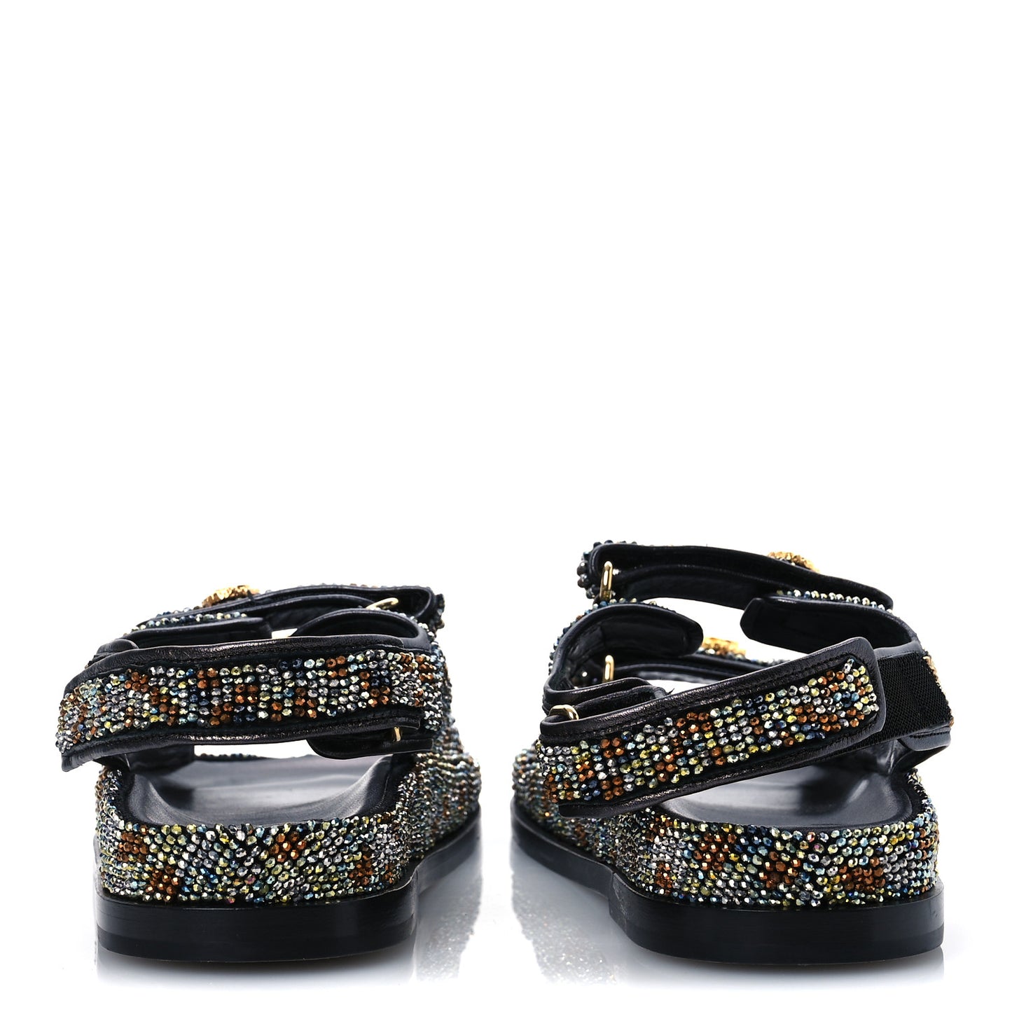 Grained Calfskin Crystal Velcro Dad Sandals 40 Black Multicolor