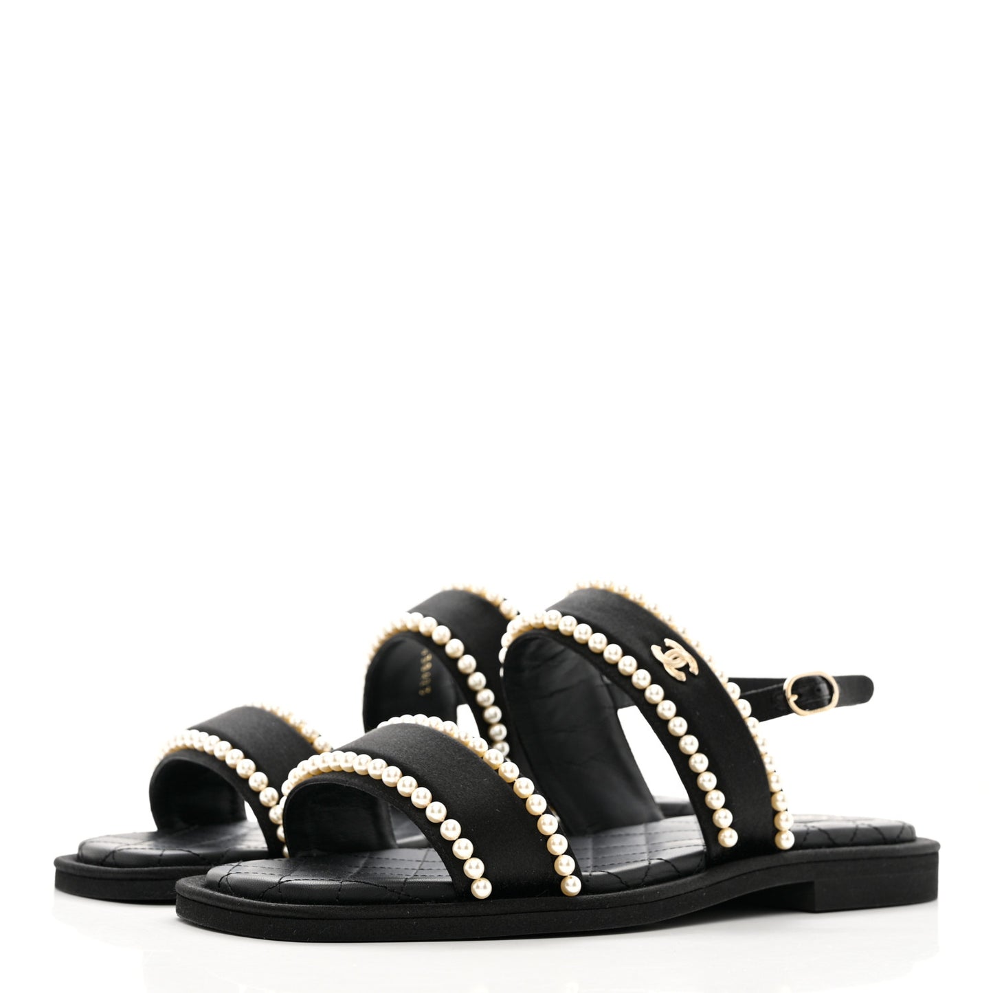Satin Pearl Quilted Flat Sandals 41 Black