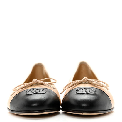 Chanel Lambskin Cap Toe CC Ballerina Flats 36.5 Beige Black 2 of 11
