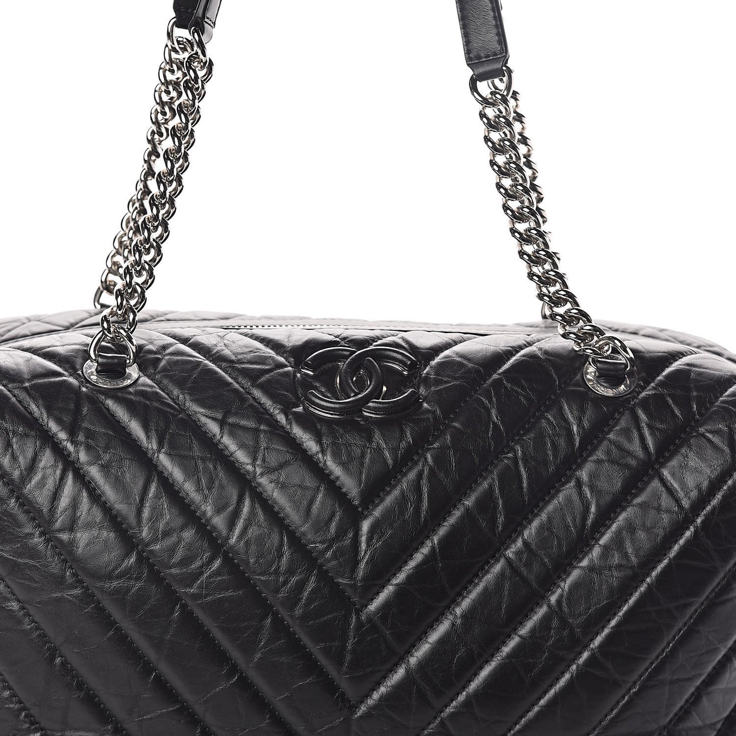 Aged Calfskin Chevron Quilted Duffle Bag Black