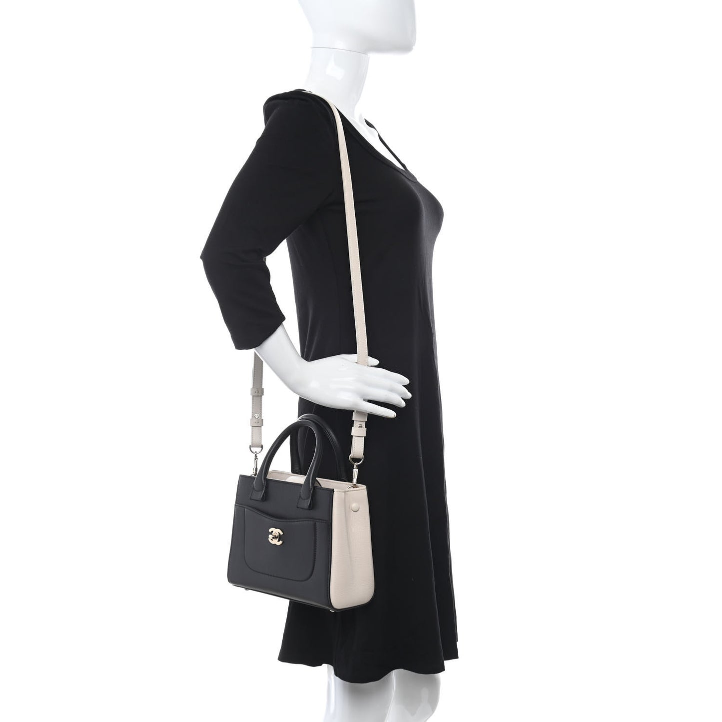Grained Calfskin Mini Bi-Color Neo Executive Shopper Tote Black Beige