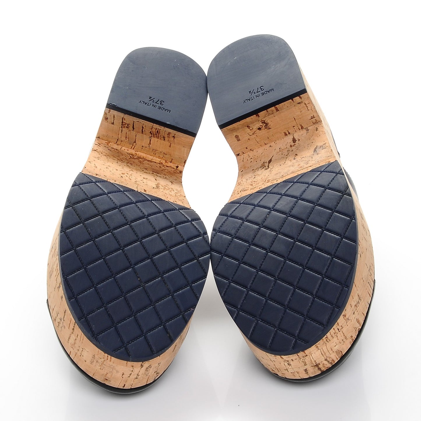 Glazed Calfskin Cork Cap Toe Platform Mules 37.5 Navy Black