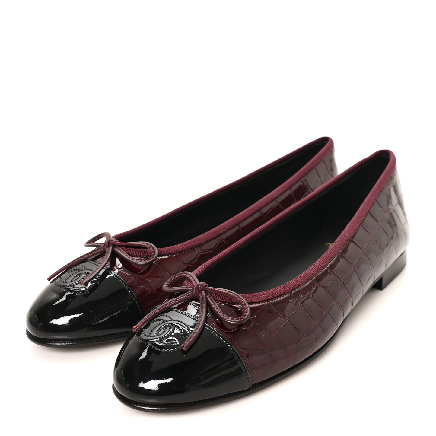 Crocodile Embossed Patent CC Cap Toe Ballerina Flats 40 Burgundy
