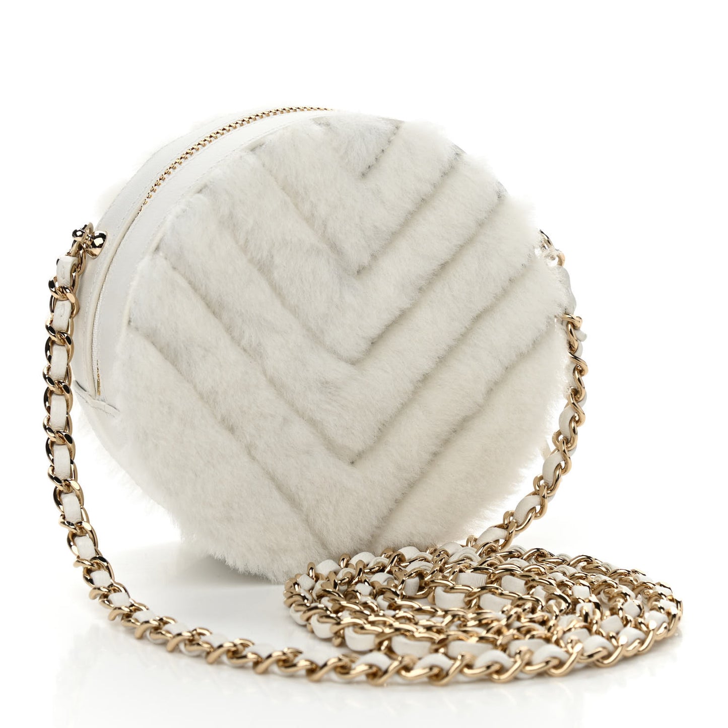 Fur Chevron Quilted Round Clutch With Chain White