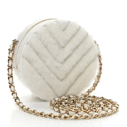 Chanel Fur Chevron Quilted Round Clutch With Chain White 3 of 11