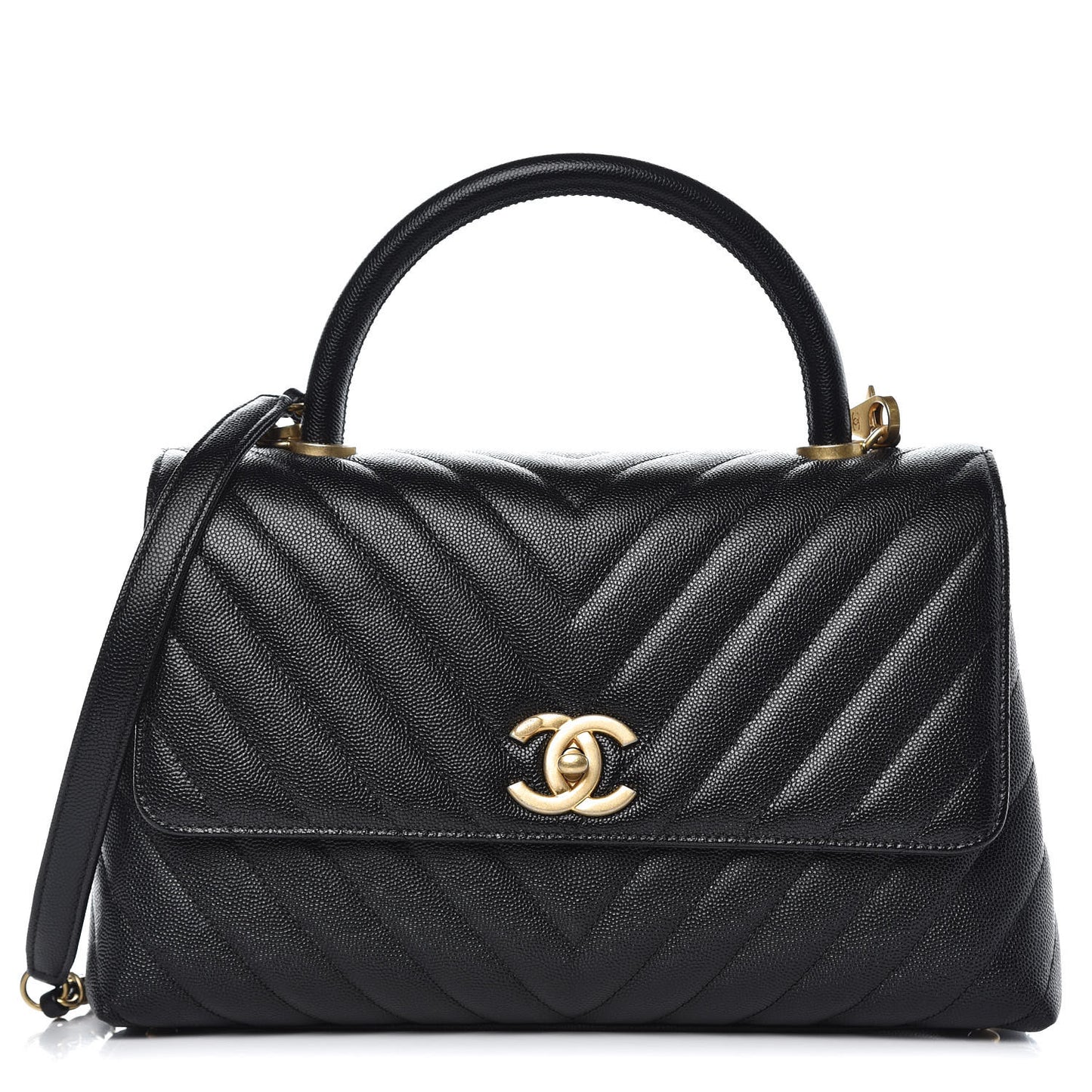 Caviar Chevron Quilted Small Coco Handle Flap Black