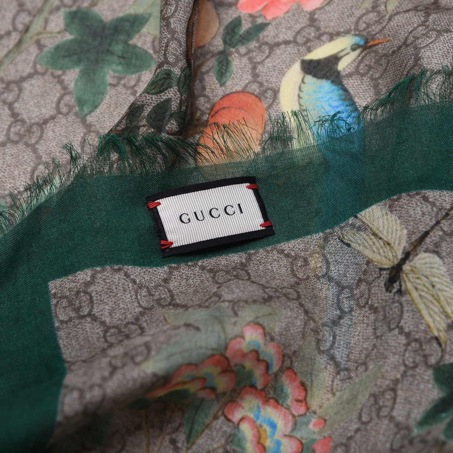 Modal Silk GG Monogram GG Tian Shawl Scarfl Green Dark Green