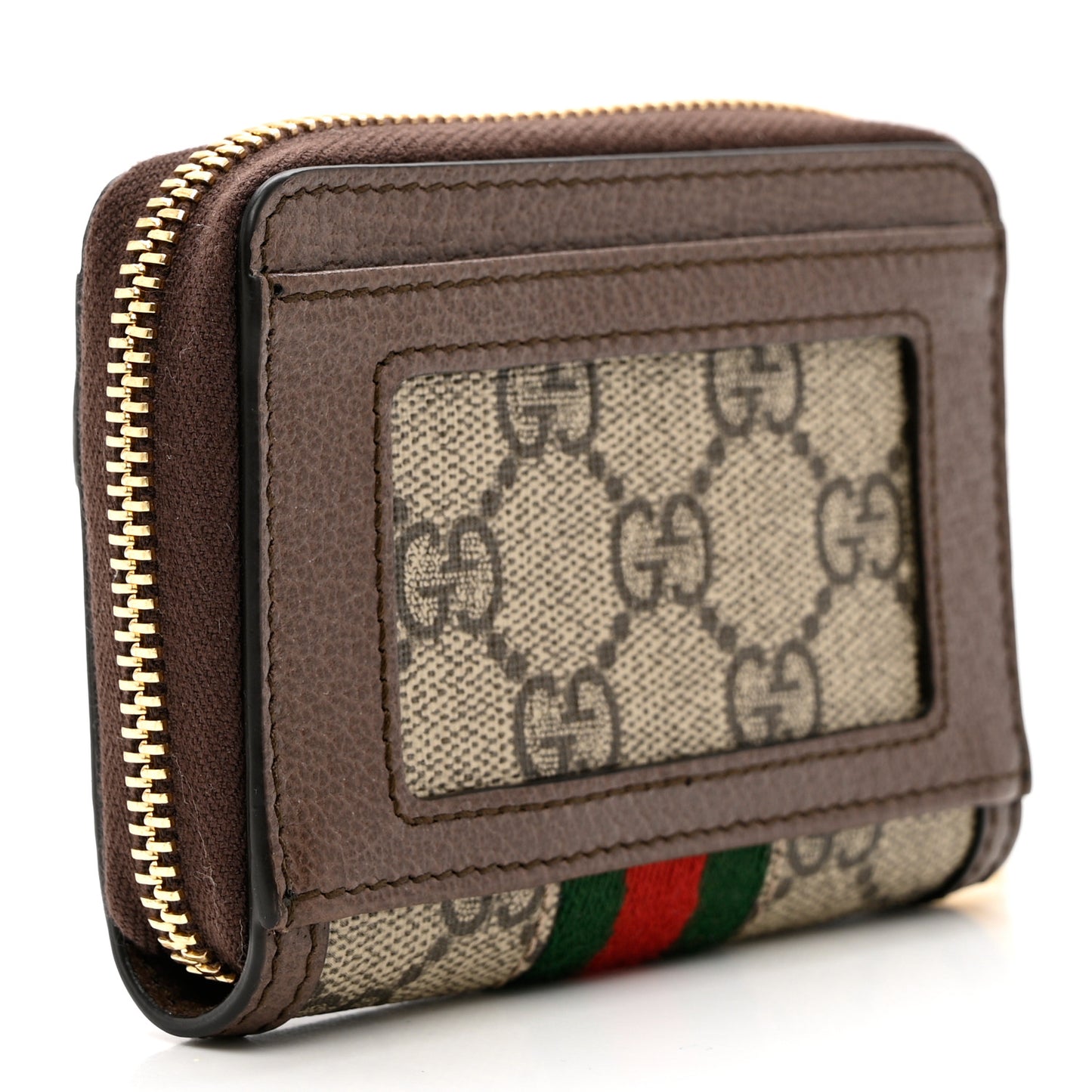 GG Supreme Monogram Textured Dollar Calfskin Web Ophidia Zip Around Card Case Wallet Beige Ebony New Acero
